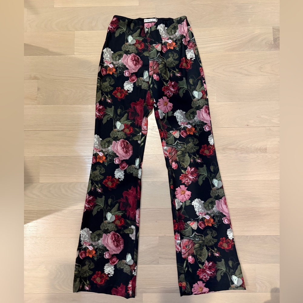 Alice + Olivia Black Floral Trousers with Pink and Red Blooms